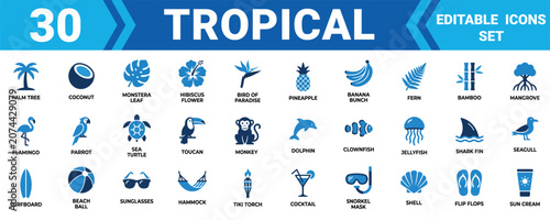 Photography Set of 30 tropical icons featuring exotic plants animals and summer vacation items in blue style Vector, illustration Minimal solid vector icon set bundle collection