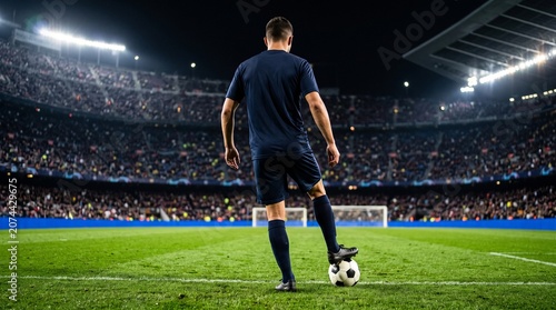 Back View of Professional Football Player Standing in Stadium at Night