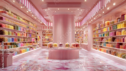 Whimsical Pink Candy Store Interior Filled with Colorful Jars of Sweets and Treats