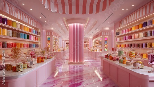 Whimsical Pink Candy Store Interior Filled with Colorful Jars of Sweets and Treats