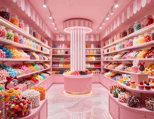 Whimsical Pink Candy Store Interior Filled with Colorful Jars of Sweets and Treats