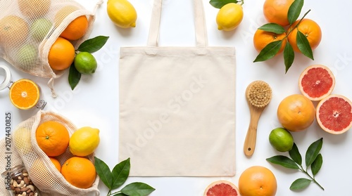 Fresh Citrus Fruits, Reusable Tote Bag & Eco-Friendly Accessories on White Background, Zero Waste Concept