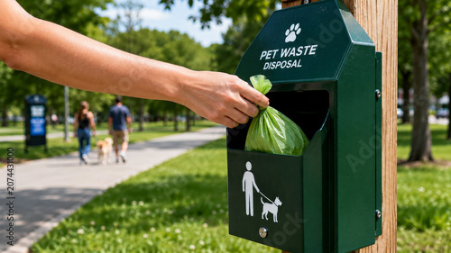 Pet waste disposal station in city park for responsible dog owners maintaining cleanliness and hygiene in public areas with green waste bags disposed in designated container, pet care facilities