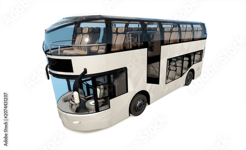 Futuristic double-decker capsule bus with two levels for sightseeing and transit, generic modern electric coach isolated on white background