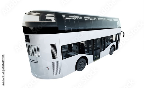 Futuristic double-decker capsule bus with two levels for sightseeing and transit, generic modern electric coach isolated on white background