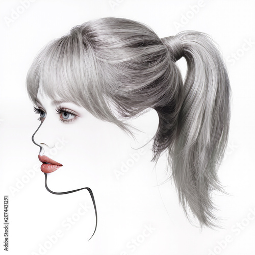 Elegant profile of a stylish woman with silver ponytail hairstyle