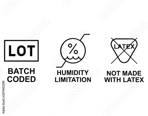 Medical product labeling icons for batch coding, humidity limitation, and latex-free compliance supporting safe healthcare packaging