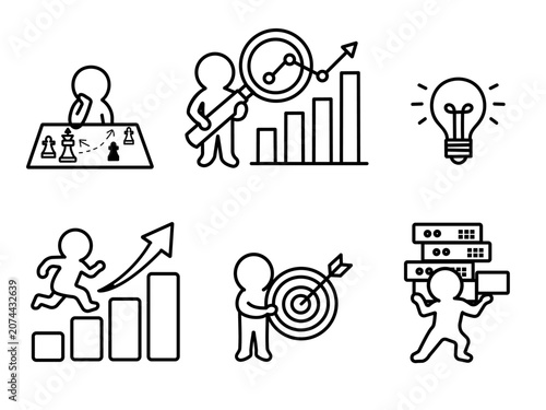 Strategy and data analysis line icons, 6 marketing growth concept stick figures.
