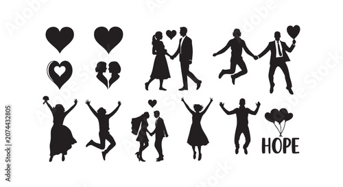 Happy couple jumping and celebrating love, silhouette collection showing wedding, hope, and romantic relationship concept.