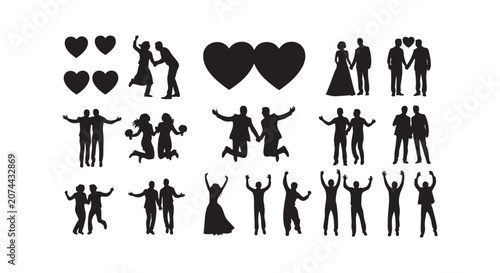 Happy couples celebrating, jumping, and holding hands, vector illustrations of joy and togetherness.