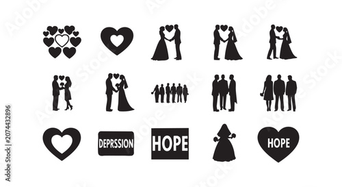 Heart symbols, wedding couples, diverse groups of people, and conceptual words hope and depression silhouettes.