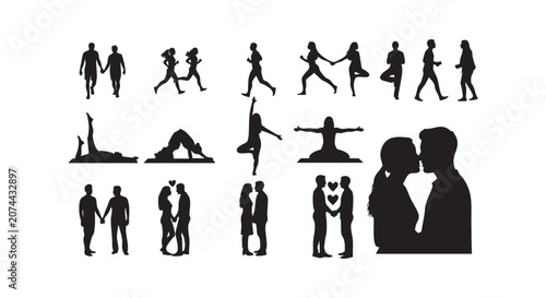 Healthy lifestyle and relationship silhouettes featuring couples yoga poses jogging stretching and romantic kissing scenes.