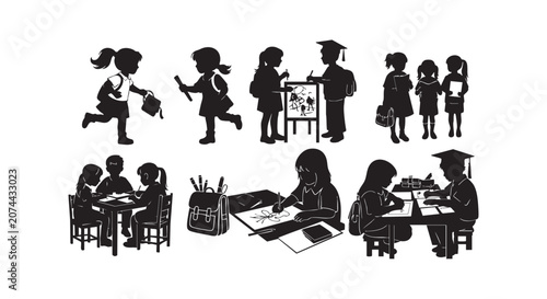 Kids at school, silhouette collection of children learning, drawing, and studying with school supplies.