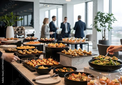 People networking and talking at a professional business buffet party in a modern office building with catering food on tables