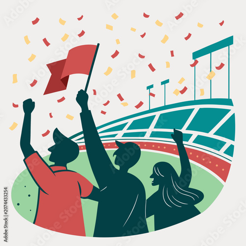 Foto Group of people celebrating victory in a stadium with confetti and a flag, celeb