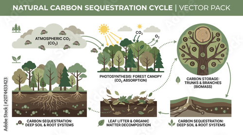 Diagram illustrating forest carbon dioxide absorption, photosynthesis process, soil storage, and organic decomposition