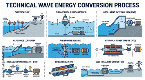 Comprehensive Technical Diagram Illustrating Diverse Renewable Marine Energy Harvesting and Kinetic Power Conversion Mechanisms