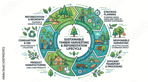 Sustainable Timber Harvesting and Reforestation Lifecycle Infographic for Eco-Friendly Forestry Management