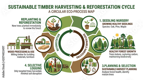 Comprehensive infographic depicting the complete circular process of sustainable timber harvesting and reforestation, emphasizing ecological balance and responsible resource management
