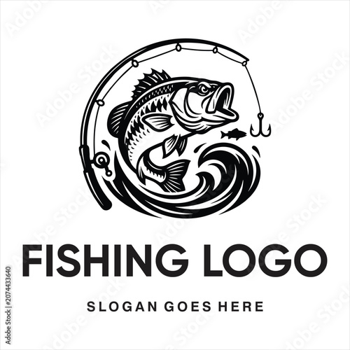 Fishing logo design template with largemouth bass fish jumping out of water waves vector illustration
