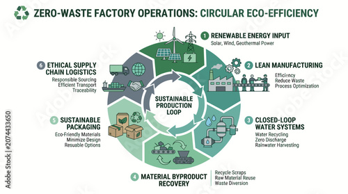 Sustainable industrial ecosystem concept illustration showing circular manufacturing processes and eco-friendly resource management for clean production