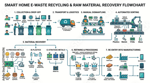 Comprehensive Schematic Diagram Illustrating The Lifecycle Stages Of Residential Electronic Waste Reclamation And Resource Reprocessing