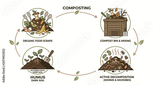 Sustainable Organic Waste Management Cycle Illustrating the Natural Composting Process for Nutrient Rich Soil