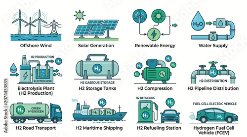 Set of flat vector icons illustrating green hydrogen production, clean energy storage, sustainable transport solutions, and modern fuel cell technology infrastructure