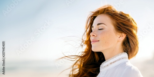 Young redheaded woman with freckles, long wavy red hair enjoying the fresh ocean, sea breeze while standing outside with her eyes closed in a peaceful moment of pure quiet serenity