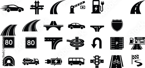 Traffic Infrastructure and Road Navigation Solid Glyph Icon Set with Cars Highway Signs Bridges Intersections and Transport Symbols
