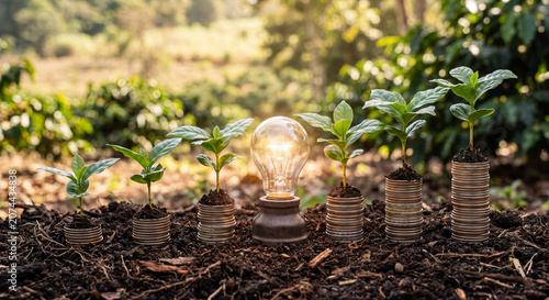 Business growth and financial investment concept with young plants growing on silver coin stacks beside glowing light bulb on fertile soil