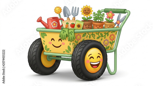 Foto Garden wheelbarrow, gardening tools, happy face, colorful flowers, gardening car