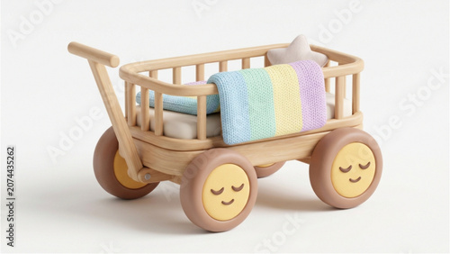 Wooden toy cart, pastel colored blanket, smiling wheels, nursery decor, children's furniture