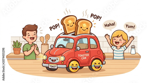 Slika na platnu Funny toast popping out of a red car, kids laughing, kitchen background, colorfu