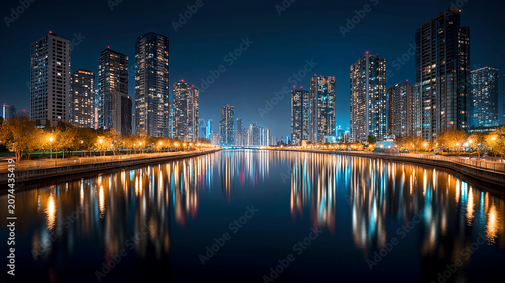 Fototapeta premium city_skyline_reflected_in_river_at_night