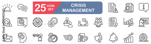 crisis management set of web icons in line style. vector illustration concept relate to leadership,communication,coordination,preparedness,assessment