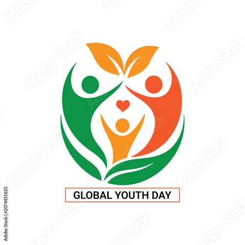 Global Youth Day Growth & Unity Logo - Green Orange Leaf Heart Vector