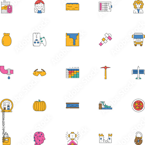 Set of diverse food kitchen tools, and dining symbols in flat style flat food kitchen utensils fruits