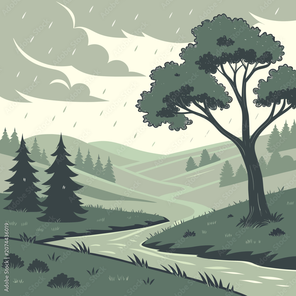 Fototapeta premium A rainy day in a lush green forest with a large tree and coniferous trees, greenery