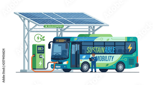 Electric Bus Charging Station with Solar Panels, Sustainable Mobility Concept