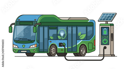 Electric Bus Charging with Solar Power Station, Eco-friendly Transport Concept