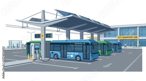 Electric buses charging at solar-powered transport hub, modern city transit