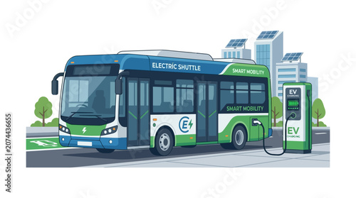 Electric shuttle bus charging at smart city EV station, sustainable urban transport