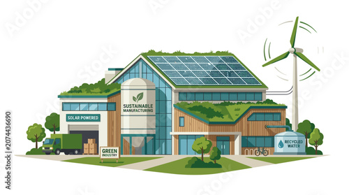 Sustainable Building with Solar Panels, Wind Turbine, and Green Roof