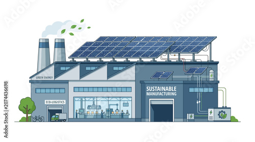Sustainable Manufacturing Factory with Solar Panels and Green Energy