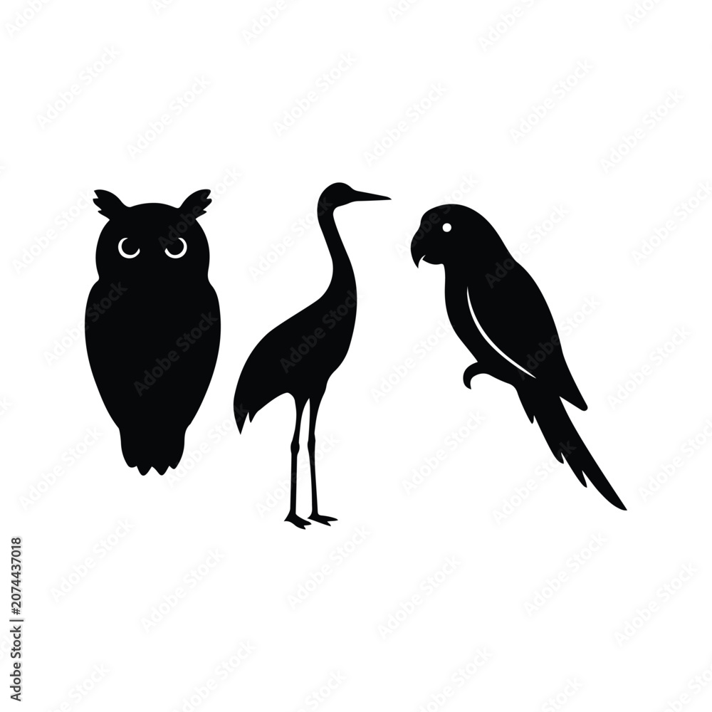 Fototapeta premium Set of bird silhouettes including an owl, a crane, and a parrot