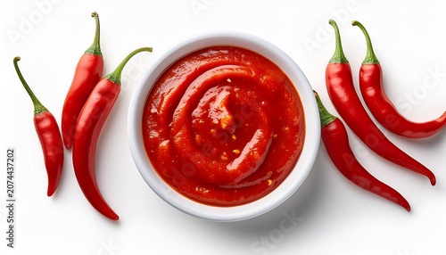 top view of red hot chili pepper sauce on white bowl isolated on white