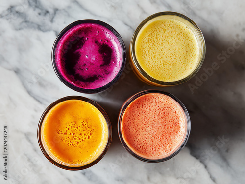 Colorful probiotic beverages on marble table