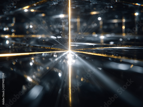 Futuristic glowing light beam with reflective metallic surface in dark environment