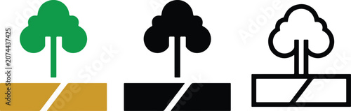 Planted tree in ground ecology icon set in flat color, silhouette, and outline styles
